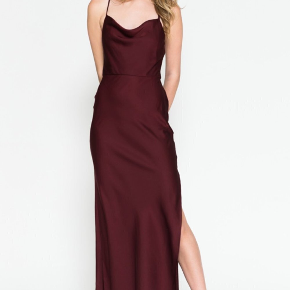 WINE COLOR SIMPLE SATIN PARTY BRIDSMAIDS EVENING MIDI SHEATH GOWN DRESS AC6115 - Picture 7 of 7